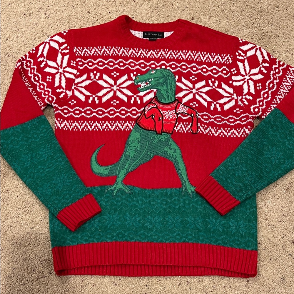 Festive Dinosaur Crewneck Sweater - Red and Green